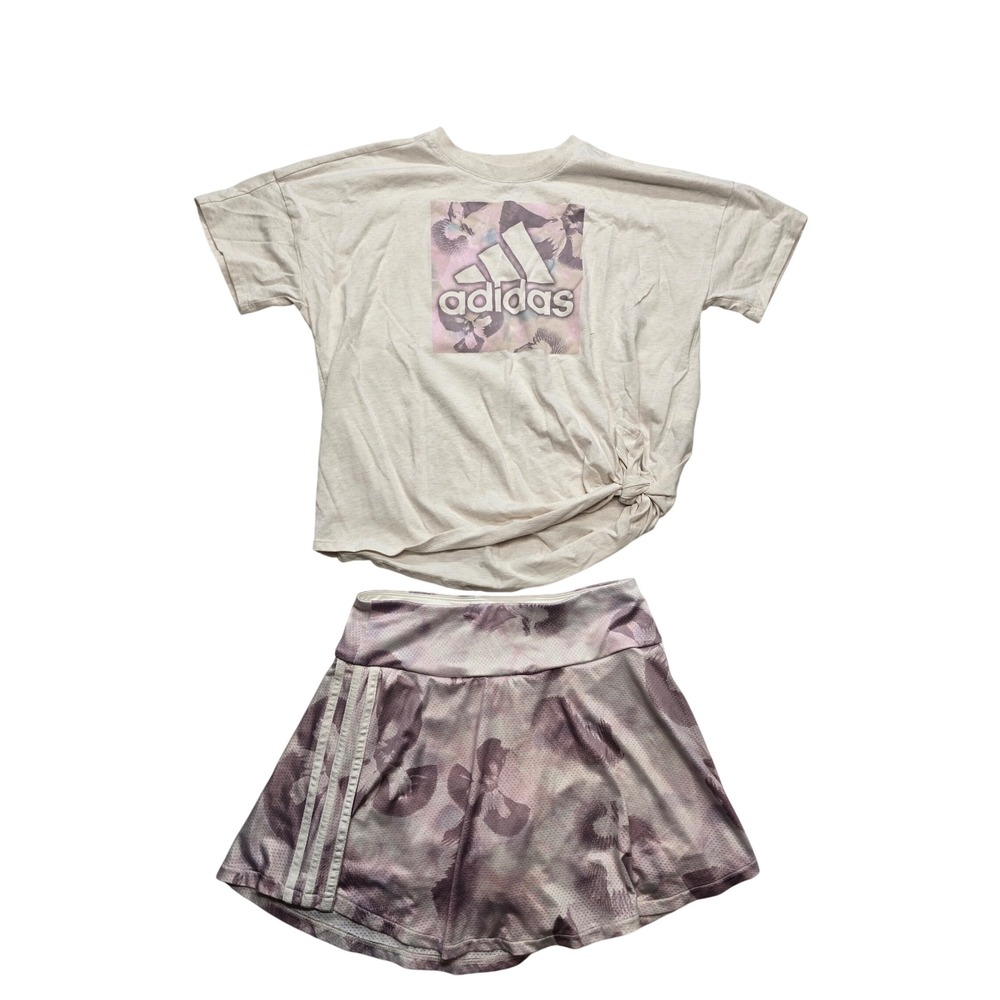 Adidas Girls 2pc Set Floral Skort & Side Knot Graphic Tee Cream Purple XL/L